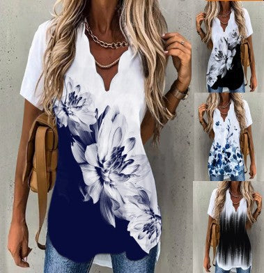 2023Summer New AmazonTT Shirt European and American Women's Clothing Short Sleeve Ink Printing Fluted CollarTT-shirt Top Women's