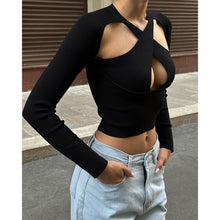 Load image into Gallery viewer, JY23523Autumn New Fashionable Elegant Knitted Sexy Cross Hollow-out Chest-Flattering Slim Long Sleeve Top Women