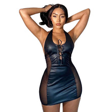 Load image into Gallery viewer, M21DS505 European And American-Style Women&#39;s Clothing2021Autumn New Sexy Halter Mesh StitchingPULeather Tight Dress