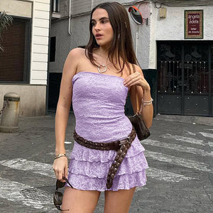 2023Summer Women's New Collection Hot Sale Street Hipster Sexy Pleated Skirt Lace Stitching Halter Hot Girl Dress