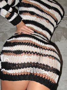 Sexy Knitted Sweater Hip Skirt2023Autumn Europe and America Cross Border Women's New Long Sleeve Striped Dress Wholesale