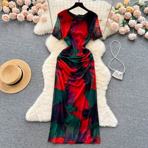 Blooming Vacation Style Dress for Women Summer Sexy Pure Desire Tulle Slit Slim-Fitting Tight Waist Niche Hip-Wrapped Hot Girl Dress